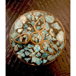 Vintage‎ Turquoise Brass Inlaid Brooch Pin Jewelry 1960s C-Clasp Made in India
